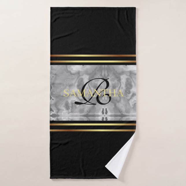 Black Grey Gold Stripes Minimalist Marble Bath Towel Set (Bath Towel)