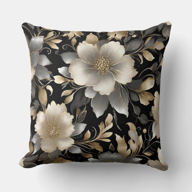 Black Grey Gold White Floral Throw Pillow (Front)