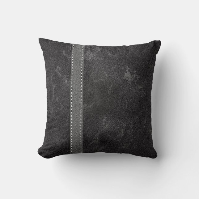 Black Grey Graphic Faux Leather and Strap Design Throw Pillow (Front)