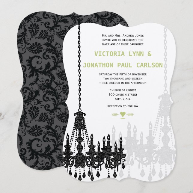 Black Grey Green Damask Chandelier Wedding Invitation (Front/Back)