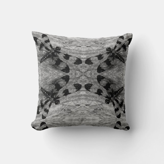 Black, grey, grey  dragonfly pattern solid back throw pillow (Front)
