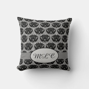 Black Grey Grey Monogram Damask Custom Throw Pillow