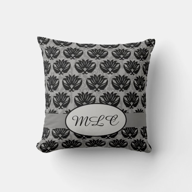 Black Grey Grey Monogram Damask Custom Throw Pillow (Front)
