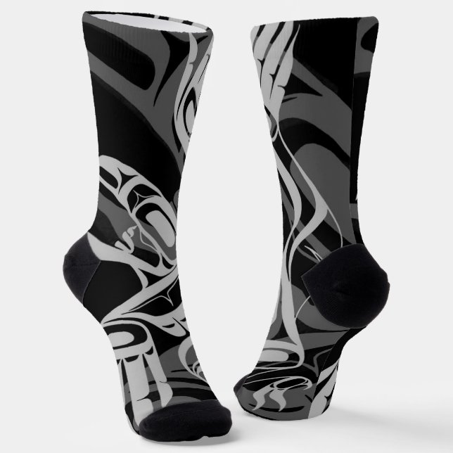 Black Grey Haida Eagle Thunder Bird Native Art Socks (Angled)