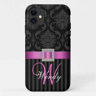 Black Grey Hot Pink Damask Stripes iPhone 11 Case