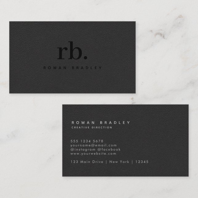 Black & Grey Leather Monogram Clean Professional Business Card (Front/Back)