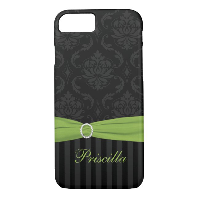 Black Grey Lime Damask Striped iPhone 7 Case (Back)