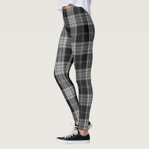 Black Grey Linen Large Tartan Plaid Leggings