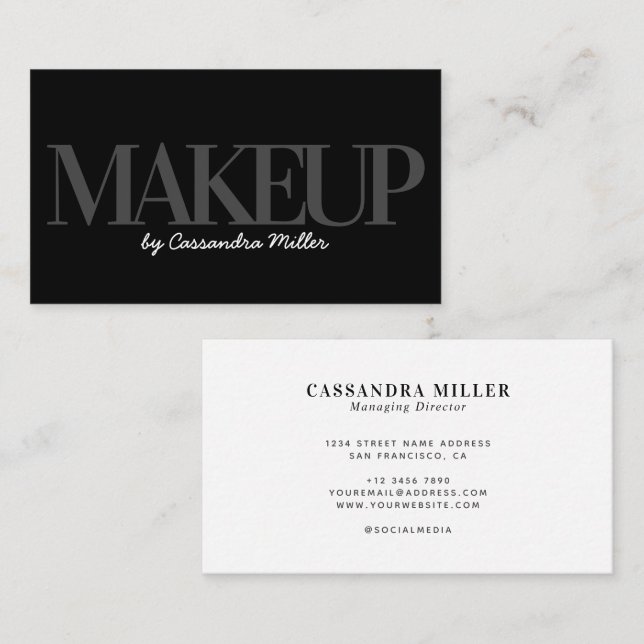 Black Grey Makeup Artist Script Name Professional Business Card (Front/Back)