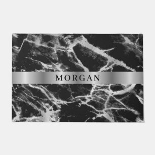 Black & Grey Marble, Name on Silver Band Doormat