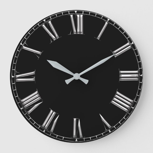 Black Grey Metal Minimal Silver Roman Numbers Lux Large Clock (Front)
