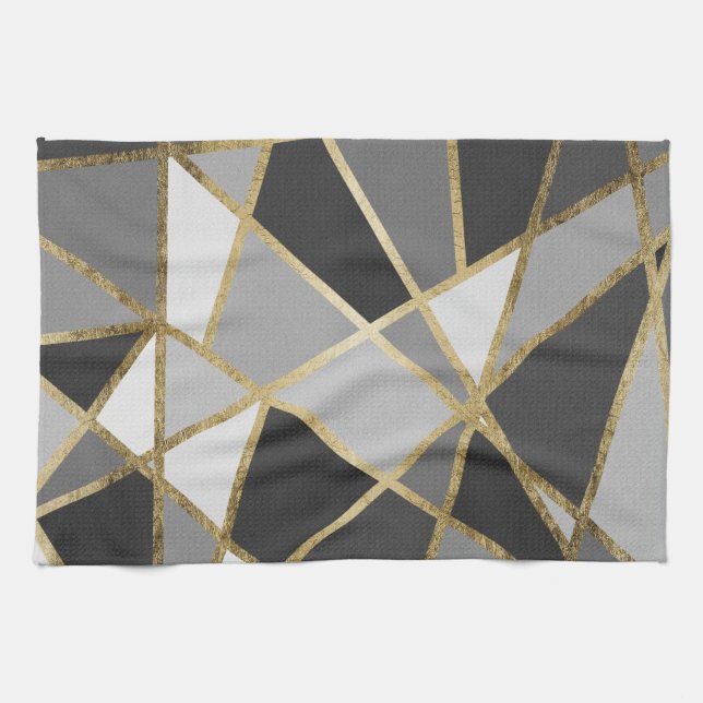 Black & Grey Modern Geo Gold Triangles Kitchen Towel (Horizontal)