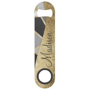 Black & Grey Modern Geo Gold Triangles Monogram Speed Bottle Opener