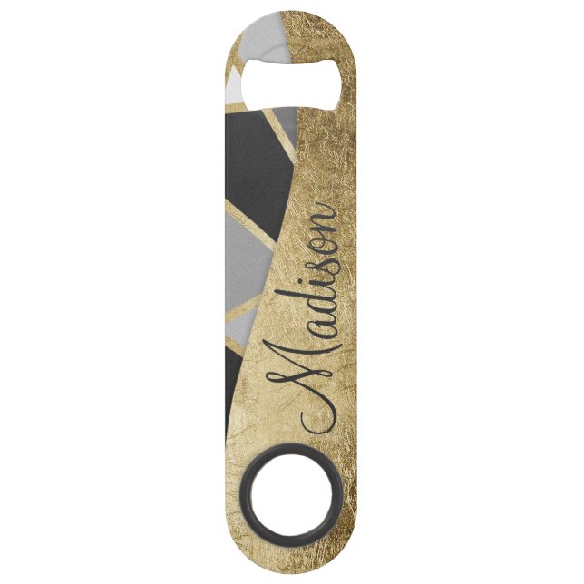Black & Grey Modern Geo Gold Triangles Monogram Speed Bottle Opener (Front)