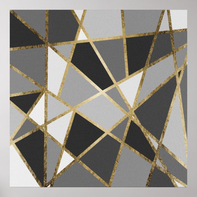 Black & Grey Modern Geo Gold Triangles Poster (Front)
