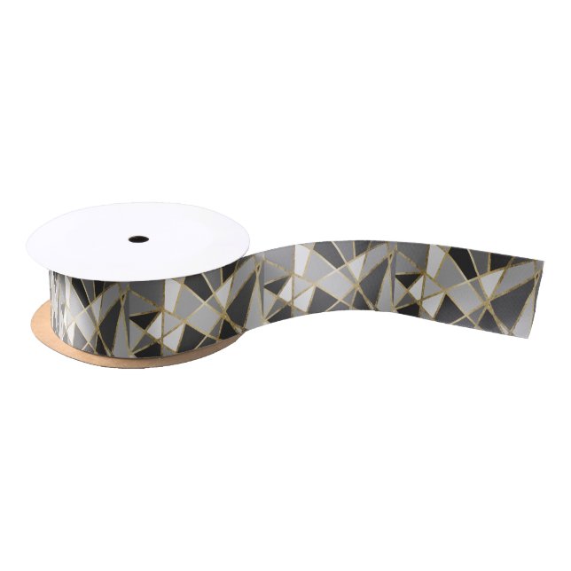 Black & Grey Modern Geo Gold Triangles Satin Ribbon (Spool)
