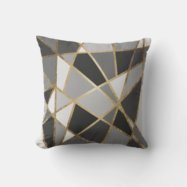 Black & Grey Modern Geo Gold Triangles Throw Pillow (Front)