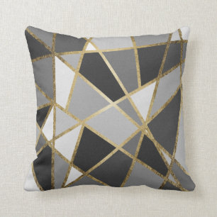 Black & Grey Modern Geo Gold Triangles Throw Pillow