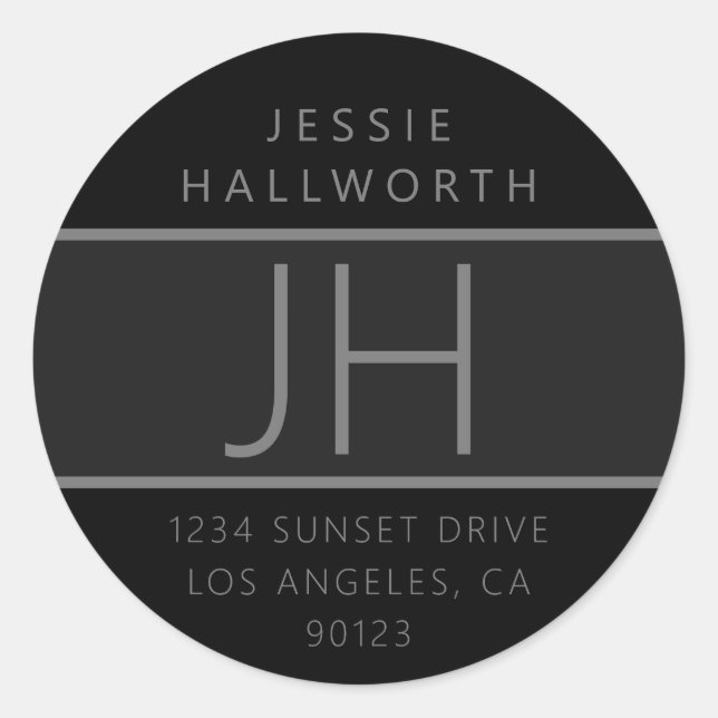 Black & Grey Modern Looking Return Address Classic Round Sticker (Front)