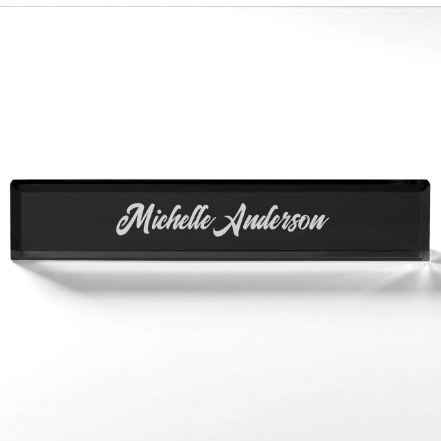 Black Grey Modern Minimalist Handwriting Name Nameplate (Front)