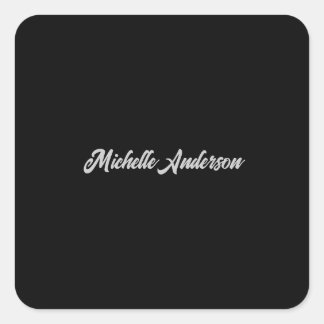 Black Grey Modern Minimalist Handwriting Name Square Sticker