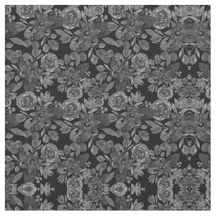 Black Grey Monochrome Watercolor Floral Leaves Fabric