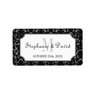 Black grey monogram damask frame wedding favour ta label