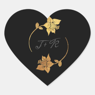 Black Grey Monogram Gold Flowers Initial Minimal Heart Sticker