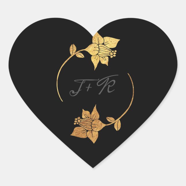 Black Grey Monogram Gold Flowers Initial Minimal Heart Sticker (Front)