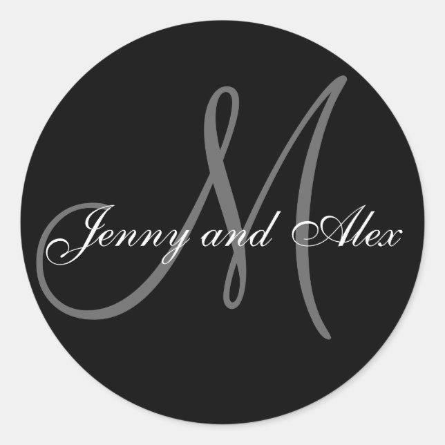 Black Grey Monogram M Bride Groom Names Wedding Classic Round Sticker (Front)
