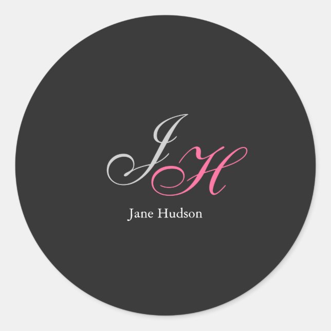 Black Grey Monogram Name Initial Letters Script Classic Round Sticker (Front)