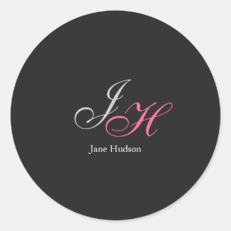 Black Grey Monogram Name Initial Letters Script Classic Round Sticker