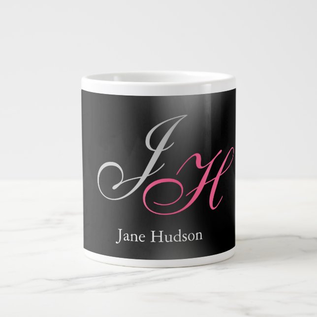 Black Grey Monogram Name Initial Letters Script Large Coffee Mug (Front)