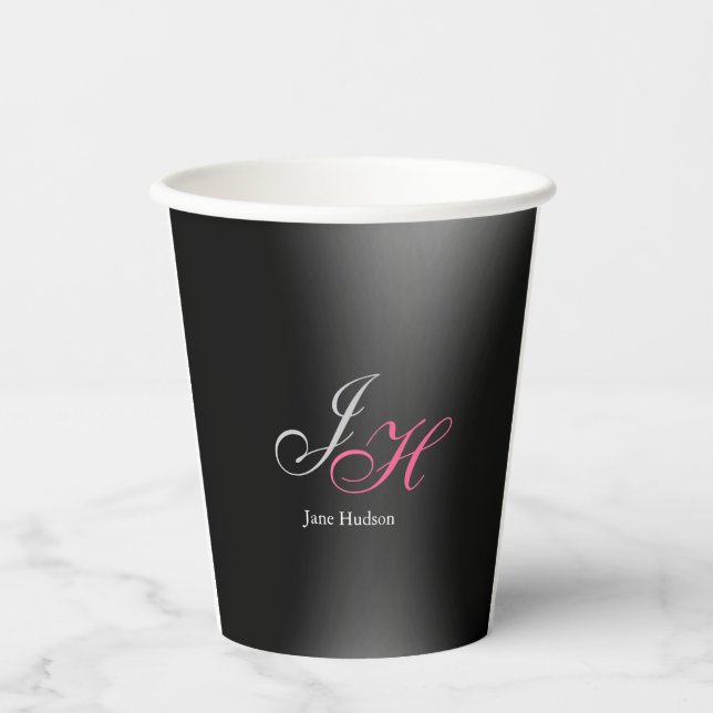 Black Grey Monogram Name Initial Letters Script Paper Cups (Front)