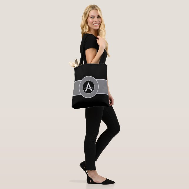 Black Grey Monogram Personalized Tote Bag (On Model)