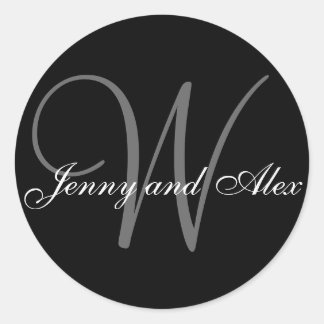 Black Grey Monogram W Bride Groom Names Wedding Classic Round Sticker