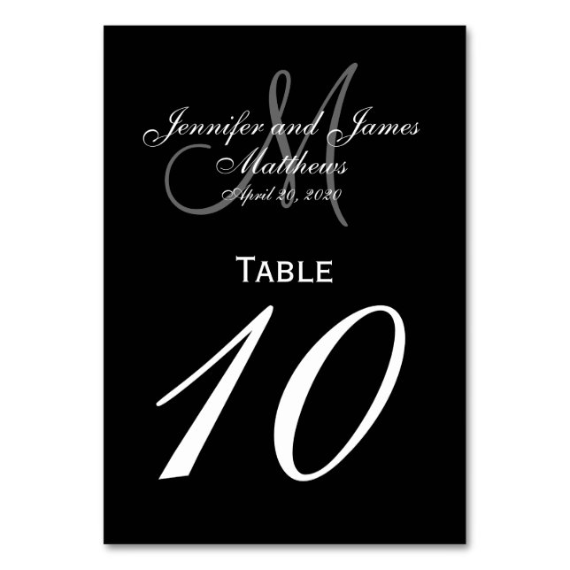 Black Grey Monogram Wedding Table Number Card (Front)