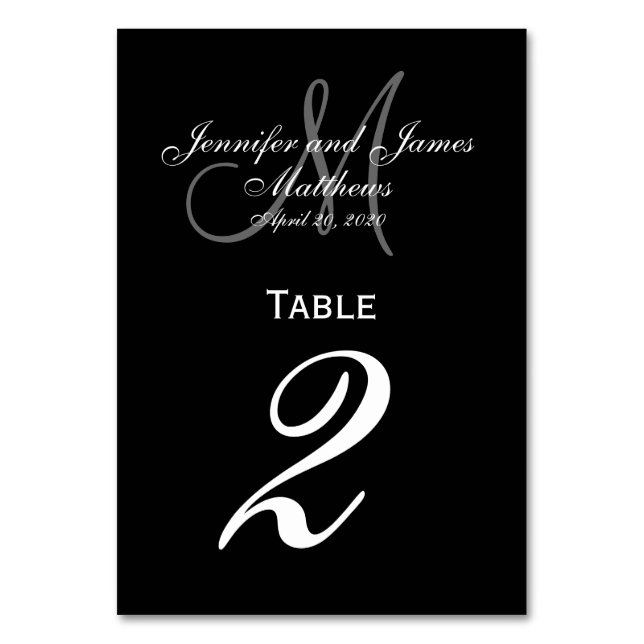 Black Grey Monogram Wedding Table Number Card (Front)