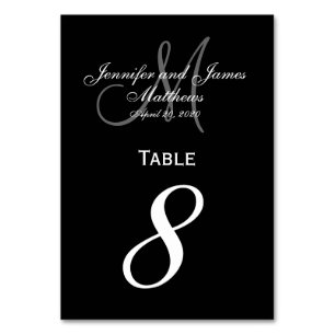 Black Grey Monogram Wedding Table Number Card