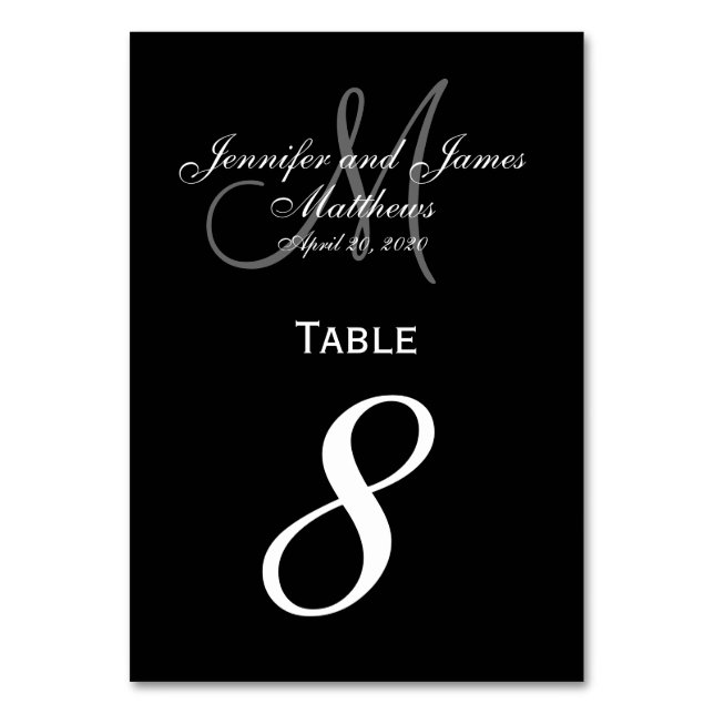 Black Grey Monogram Wedding Table Number Card (Front)