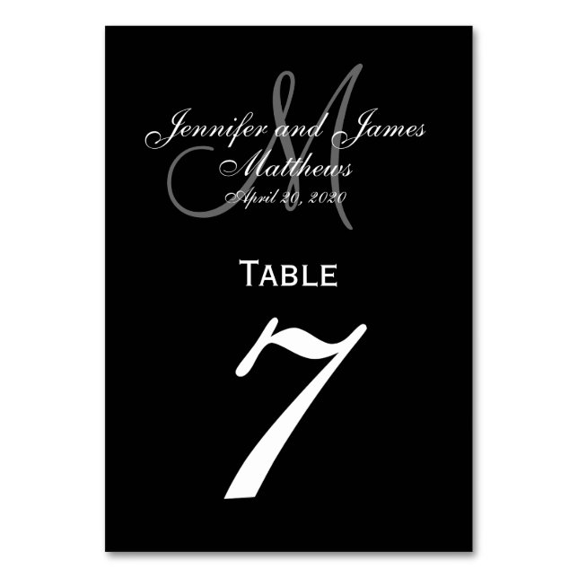 Black Grey Monogram Wedding Table Number Card (Front)
