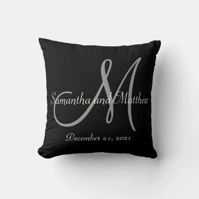 Black Grey Monogram Wedding Throw Pillow (Front)