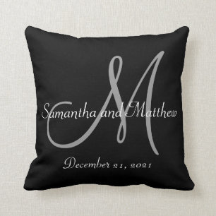 Black Grey Monogram Wedding Throw Pillow