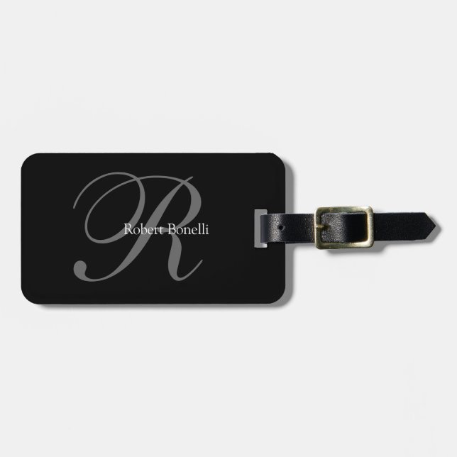 Black Grey Monogrammed Travel Vacation Baggage Luggage Tag (Front Horizontal)