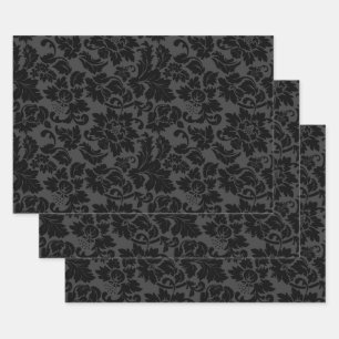 Black & Grey Monotones Floral Damask Wrapping Paper Sheet