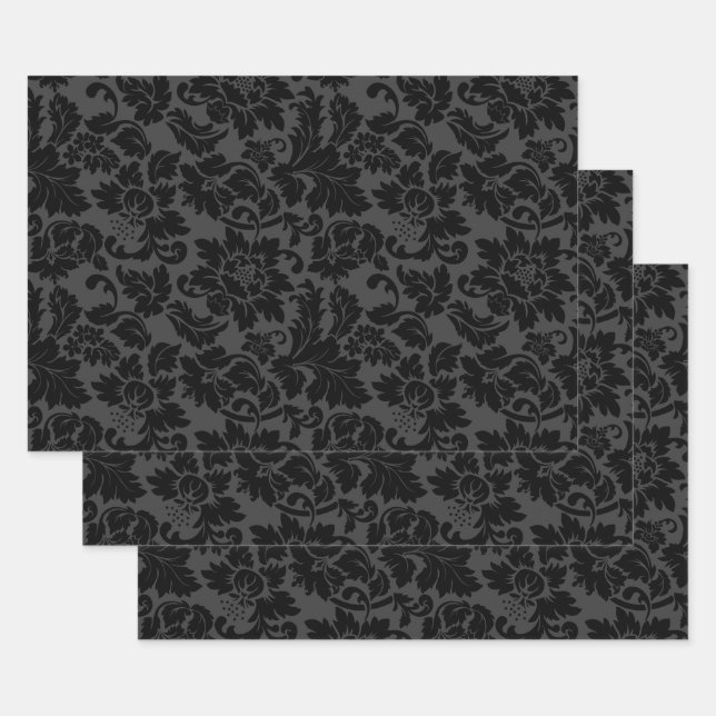 Black & Grey Monotones Floral Damask Wrapping Paper Sheet (Set)