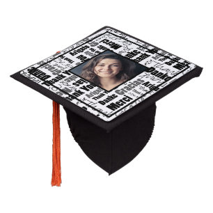 Black Grey Multilingual Thank You Custom Photo Graduation Cap Topper