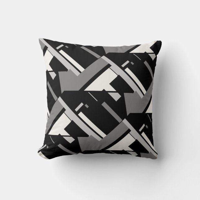 Black Grey Off-white Tiled Diagonal Abstract Art Throw Pillow (Front)