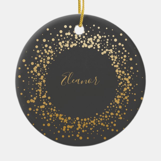 Black Grey Ombre Gold Confetti Dots Personalized   Ceramic Ornament (Front)