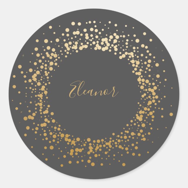 Black Grey Ombre Gold Confetti Dots Personalized  Classic Round Sticker (Front)